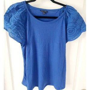 Alison Andrews Cobalt Blue Ruffled Short Sleeve Top eyelet flutter sleeve Large.